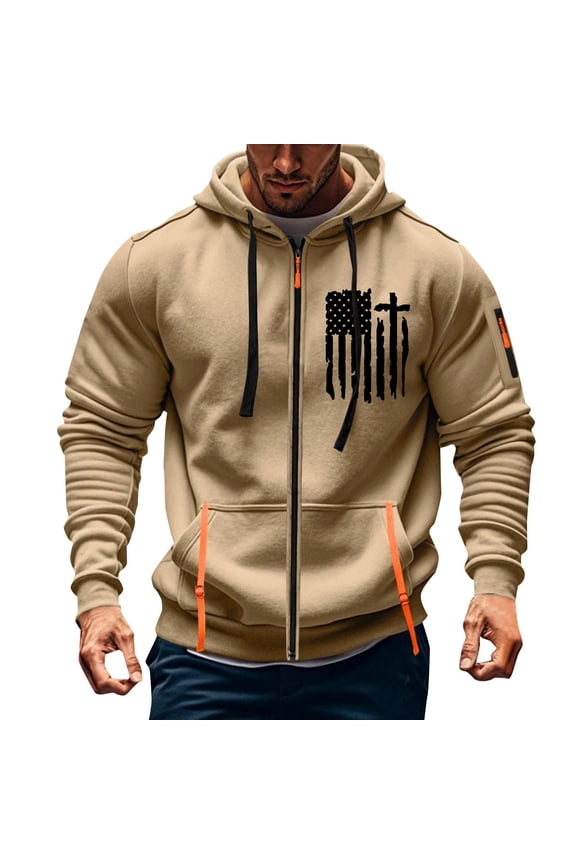 Men's Full Zip Hoodie Long Sleeve Solid Color Cargo Jacket Drawstring Sweatshirt Hoodie Plus Size Trendy Tactical Jackets Lightweight Loose Outerwear with Pockets Khaki XL