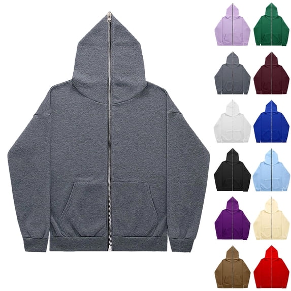 Men's Full Zip Hoodie Solid Color Long Sleeved Casual Fashionable Vintage Hoodie