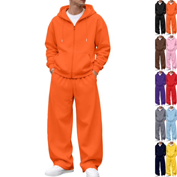 Men's Full Zip Hoodie Tracksuit 2 Piece Fleece Set Long Sleeve Zip Up Hooded Top Loose Wide Leg Sweatpants Athletic Streetwear Matching Outfit Orange XXL