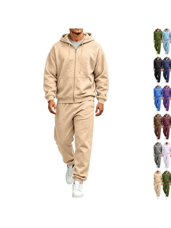 Men's Full Zip Hoodie Tracksuit 2 Piece Sweatsuit Set Zip Up Hooded Sweatshirt and Jogger Pants Casual Athletic Gym Jogging Sweat Suits Loungewear Outfits with Pockets Khaki 2XL