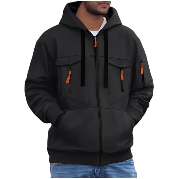 Men's Full Zip Hoodies Drawstring Multi Zipper Pockets Solid Color Jackets Thermal Warm Casual Outdoor Sports Coat (XXL, Black)