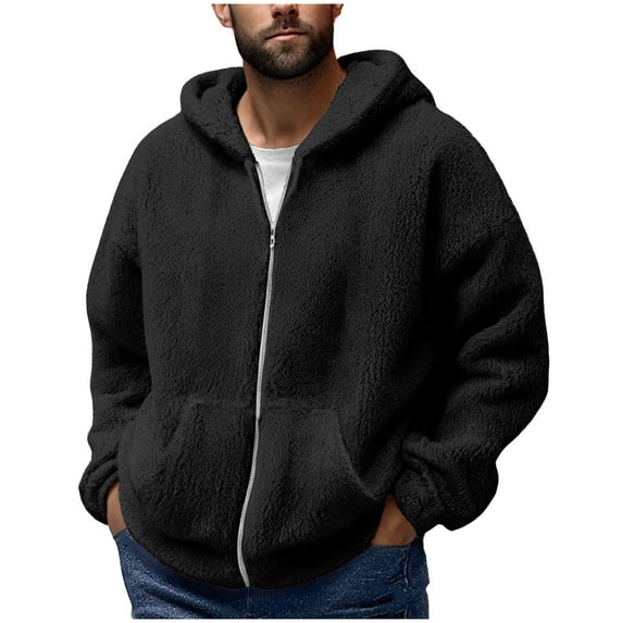 Men's Full Zip Hoodies Fuzzy Sherpa Jacket Oversized Long Sleeve Hooded Sweatshirts Casual Warm Winter Jacket Coats Outfit (L, Black#B)