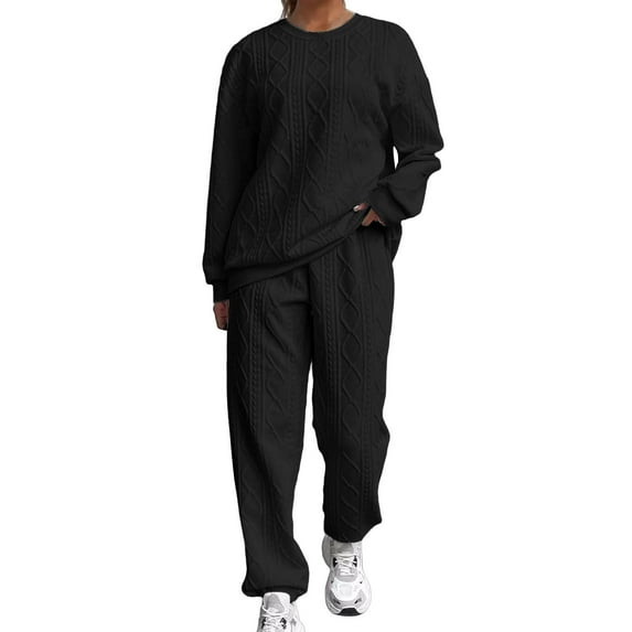 Women's Cable Knit Tracksuits Long Sleeve Crewneck Pullover sweatshirts Sweatpants Fall Outfits Clothes Piece Jogging Sets (XL, Black)