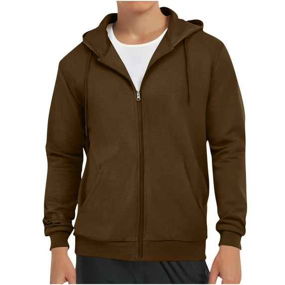Men's Full-Zip Hoodies Sweatshirts, Solid Color Basic Casual Sports Fleece Jackets with Pockets Coffee M