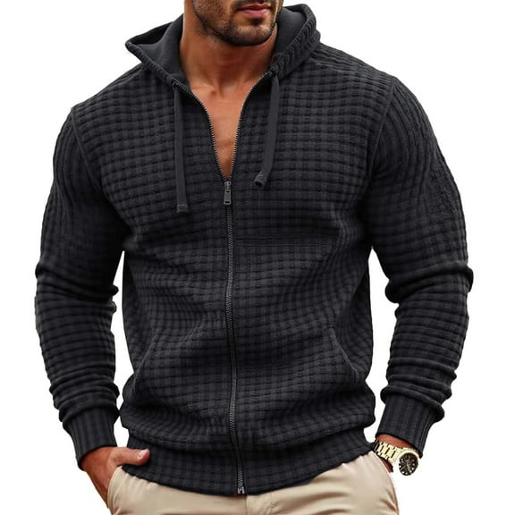 Men's Full Zip Hoodies Waffle Long Sleeve Sweatshirts Casual Loose Drawstring Hood Stretch Knit Sweaters Fashion Outwear (M, Black)