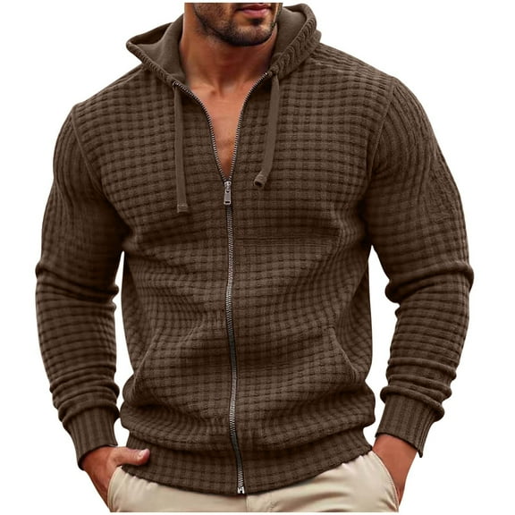 Men's Full Zip Hoodies Waffle Long Sleeve Sweatshirts Casual Loose Drawstring Hood Stretch Knit Sweaters Fashion Outwear (M, Coffee)