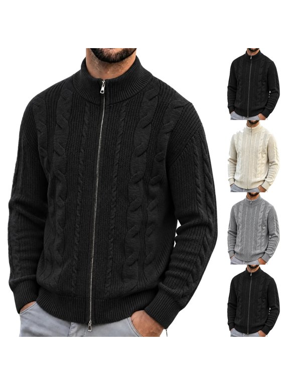 Men's Full Zip Jacket Cable Knit Solid High Collar Cardigan Sweater Coat Fall Winter Casual Outerwear Long Sleeve, 5XL Black