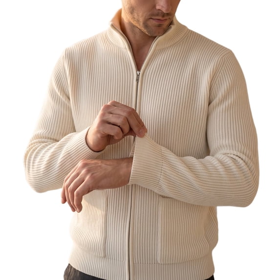 Men's Full Zip Knit Cardigan Sweater,Autumn Winter Ribbed Knit Stand Collar Warm Jacket Outerwear
