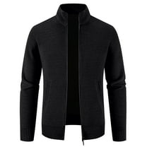 Men's Full Zip Knitted Jackets Stand Collar Sweater Coat With Pockets Winter Casual Solid Color Long Sleeve Outerwear (Black 3XL)