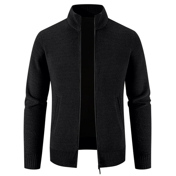 Men's Full Zip Knitted Jackets Stand Collar Sweater Coat With Pockets Winter Casual Solid Color Long Sleeve Outerwear (Black 3XL)