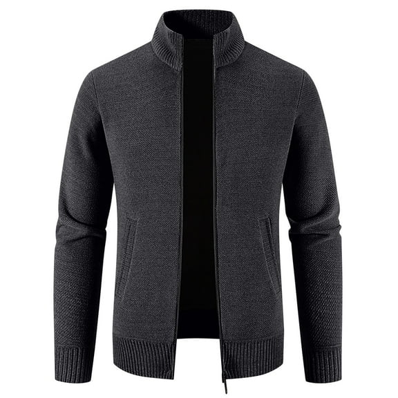 Men's Full Zip Knitted Jackets Stand Collar Sweater Coat With Pockets Winter Casual Solid Color Long Sleeve Outerwear (Dark Gray 2XL)