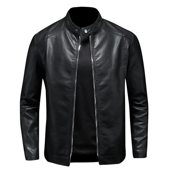 Men's Full Zip Leather Jacket Motorcycle PU Bomber Jacket Solid Color Vintage Cafe Racer Style Slim Fit Outwear Coat