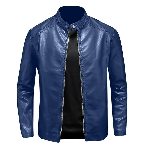 Men's Full Zip Leather Jacket Motorcycle PU Bomber Jacket Solid Color Vintage Cafe Racer Style Slim Fit Outwear Coat