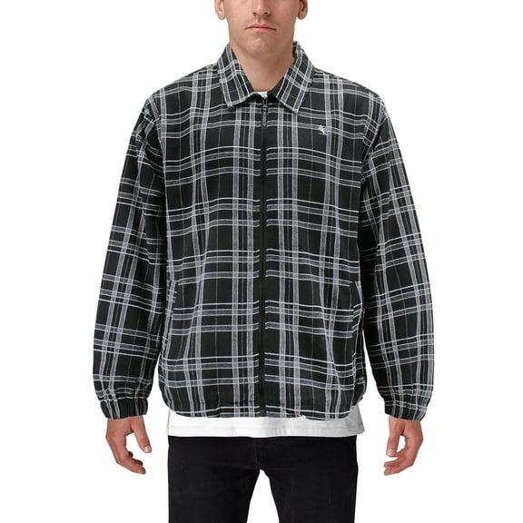 Men’s Full Zip Plaid Flannel Cotton Blend Lined Long Sleeve Jacket (Black, L)