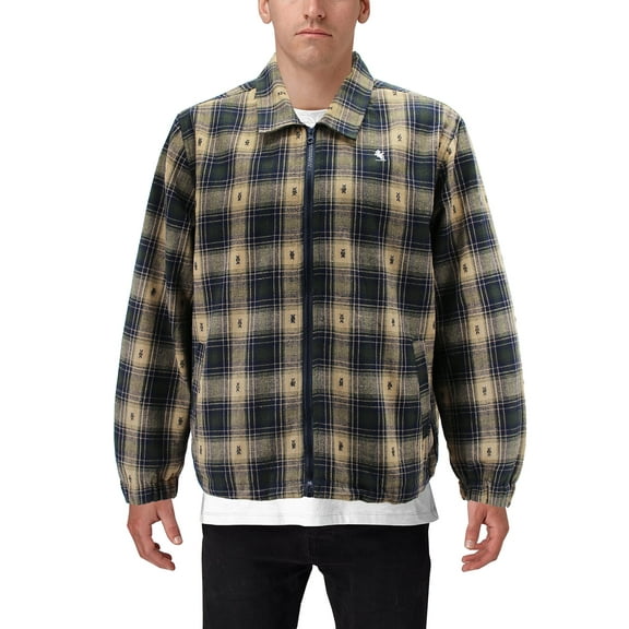 Men’s Full Zip Plaid Flannel Cotton Blend Lined Long Sleeve Jacket (Olive/Navy, L)