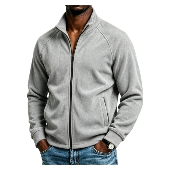 Men's Full-Zip Polar Fleece Jacket with Zippered Pockets for Cold Outdoor Weather Long Sleeve Stand Collar Jacket
