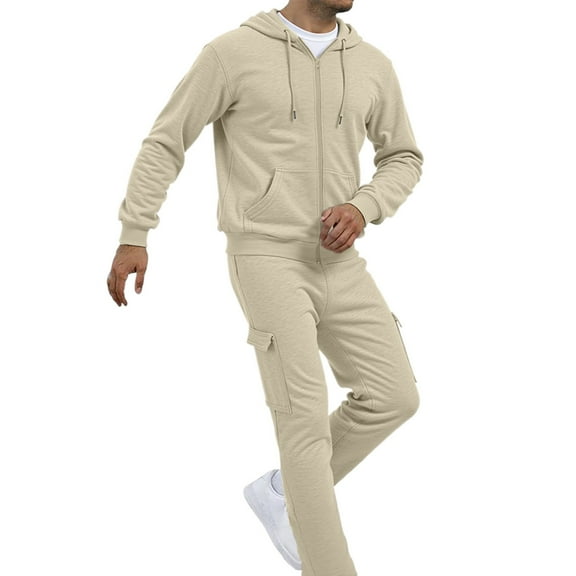 Men's Full-Zip Polo Jacket & Drawstring Pants Set, 2-Piece Regular Fit Casual Tracksuit with Pockets, Solid Color, Multiple Sizes