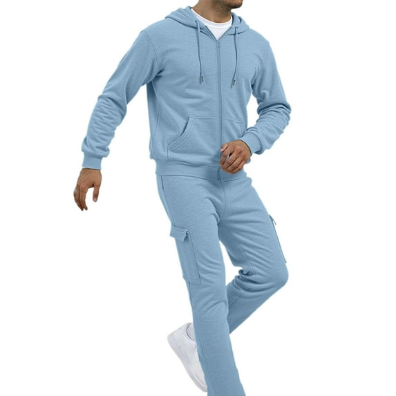 Men's Full-Zip Polo Jacket & Drawstring Pants Set, 2-Piece Regular Fit Casual Tracksuit with Pockets, Solid Color, Multiple Sizes