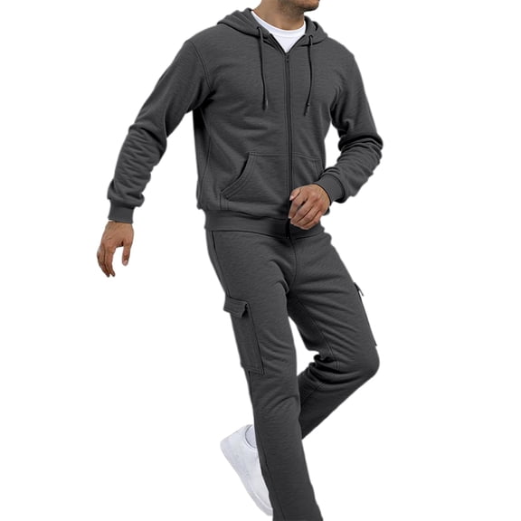 Men's Full-Zip Polo Jacket & Drawstring Pants Set, 2-Piece Regular Fit Casual Tracksuit with Pockets, Solid Color, Multiple Sizes