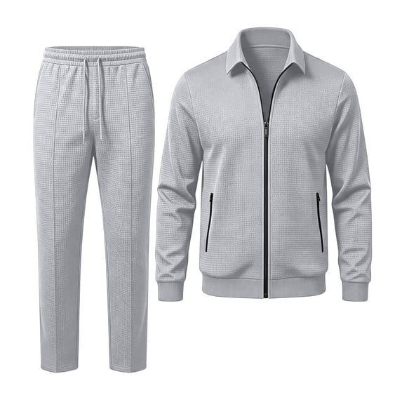 Men's Full Zip Polo Jacket & Drawstring Pants Set 2pcs Slim Fit Casual Waffle Knit Sport Tracksuit with Zipper Pockets