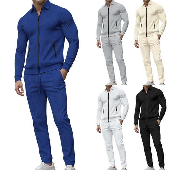 Men's Full Zip Polo Jacket & Drawstring Pants Set 2pcs Slim Fit Casual Waffle Knit Sport Tracksuit with Zipper Pockets