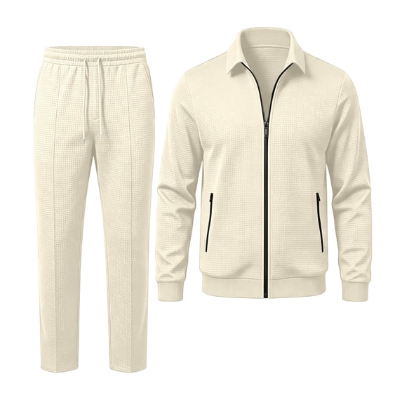 Men's Full Zip Polo Jacket & Drawstring Pants Set 2pcs Slim Fit Casual Waffle Knit Sport Tracksuit with Zipper Pockets