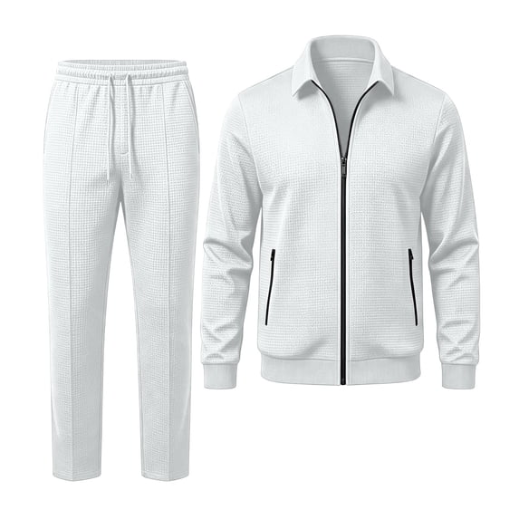 Men's Full Zip Polo Jacket & Drawstring Pants Set 2pcs Slim Fit Casual Waffle Knit Sport Tracksuit with Zipper Pockets