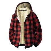 Men's Full Zip Sherpa Fleece Lined Jackets Cotton Plaid Shirt Hoodies Fall Winter Soft Warm Coat for Men with Hood