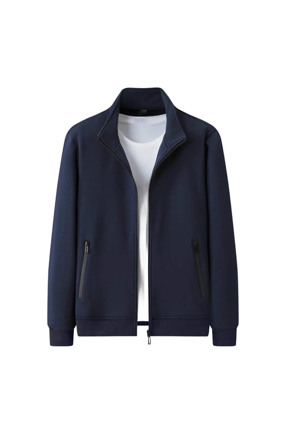 Men's Full Zip Stand Collar Sweatshirt Long Sleeve Casual Solid Color Jacket with Zipper Pockets for Daily Workout Wear (L, Dark Blue)