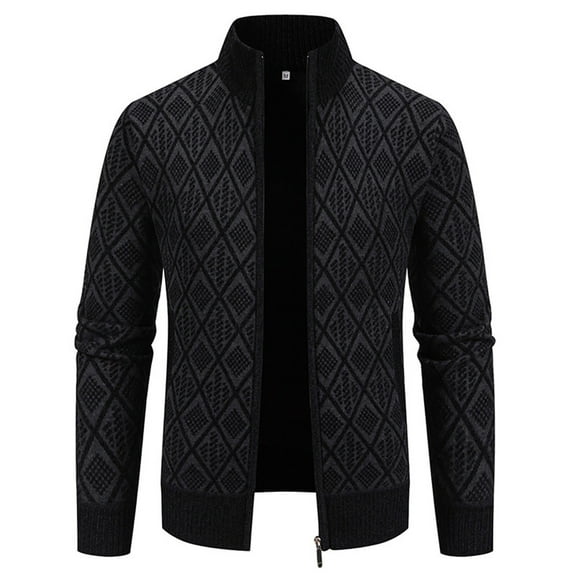Men's Full Zip Sweaters Solid Color Cardigan with Pockets Winter Knit Outerwear for Men Long Sleeve Stand Collar Jackets (Black L)