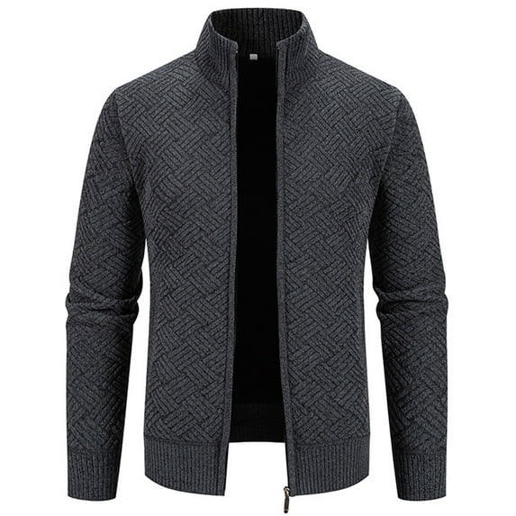 Men's Full Zip Sweaters Solid Color Cardigan with Pockets Winter Knit Outerwear for Men Long Sleeve Stand Collar Jackets (Dark Gray 2XL)