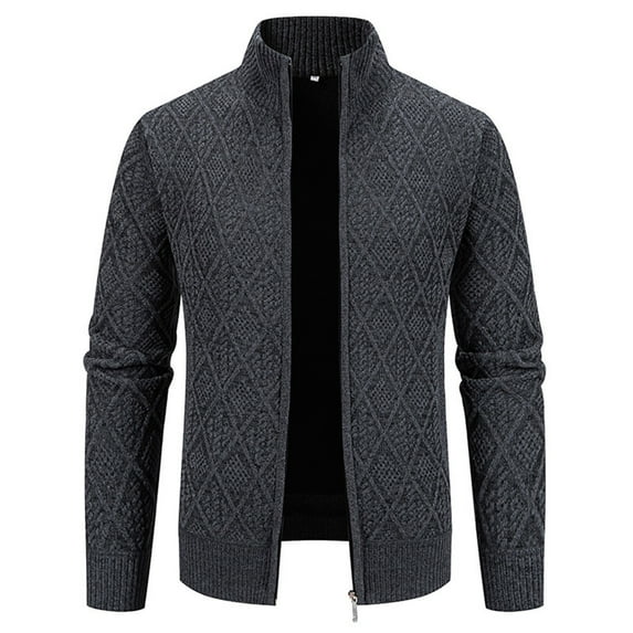 Men's Full Zip Sweaters Solid Color Cardigan with Pockets Winter Knit Outerwear for Men Long Sleeve Stand Collar Jackets (Dark Gray L)