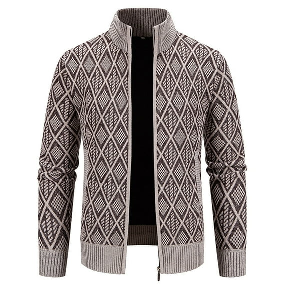 Men's Full Zip Sweaters Solid Color Cardigan with Pockets Winter Knit Outerwear for Men Long Sleeve Stand Collar Jackets (Gray L)
