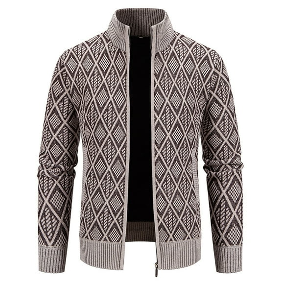 Men's Full Zip Sweaters Solid Color Cardigan with Pockets Winter Knit Outerwear for Men Long Sleeve Stand Collar Jackets (Gray XL)