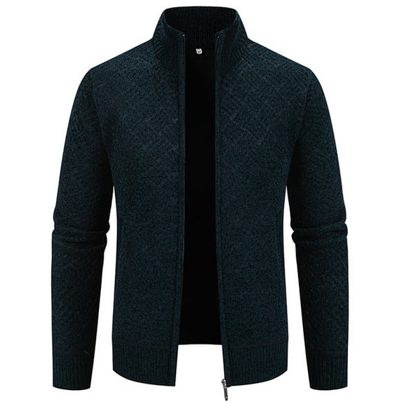 Men's Full Zip Sweaters Solid Color Cardigan with Pockets Winter Knit Outerwear for Men Long Sleeve Stand Collar Jackets (Navy L)
