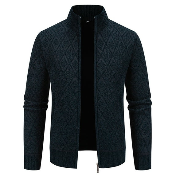 Men's Full Zip Sweaters Solid Color Cardigan with Pockets Winter Knit Outerwear for Men Long Sleeve Stand Collar Jackets (Navy XL)