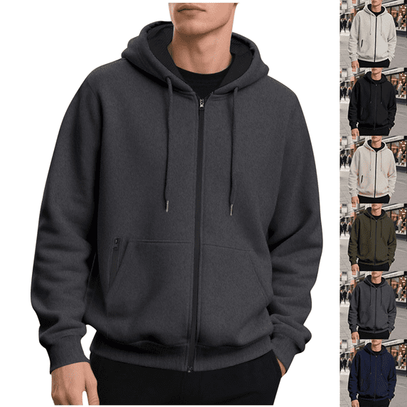 Men's Full Zip Sweatshirt Heavyweight Solid Color Casual Hoodie with Pockets Fall Winter Outfit