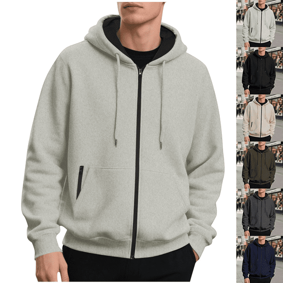 Men's Full Zip Sweatshirt Heavyweight Solid Color Casual Hoodie with Pockets Fall Winter Outfit