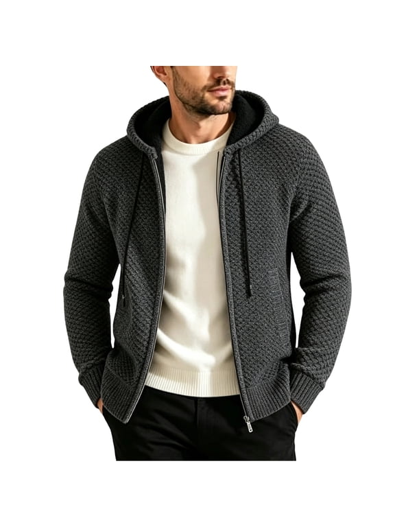 Men's Full Zip Thick Knit Lined Hooded Sweater, Long Sleeve Warm Casual Cardigan Jacket For Fall Winter Everyday Outfit, L