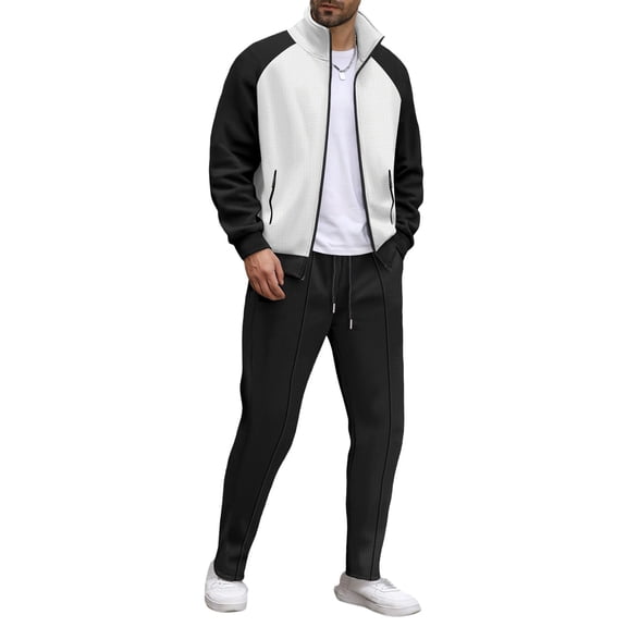 Men’s Full Zip Track Suit Two Piece Set Stand Collar Long Sleeve Jacket and Drawstring Pants Casual Athletic Outfit