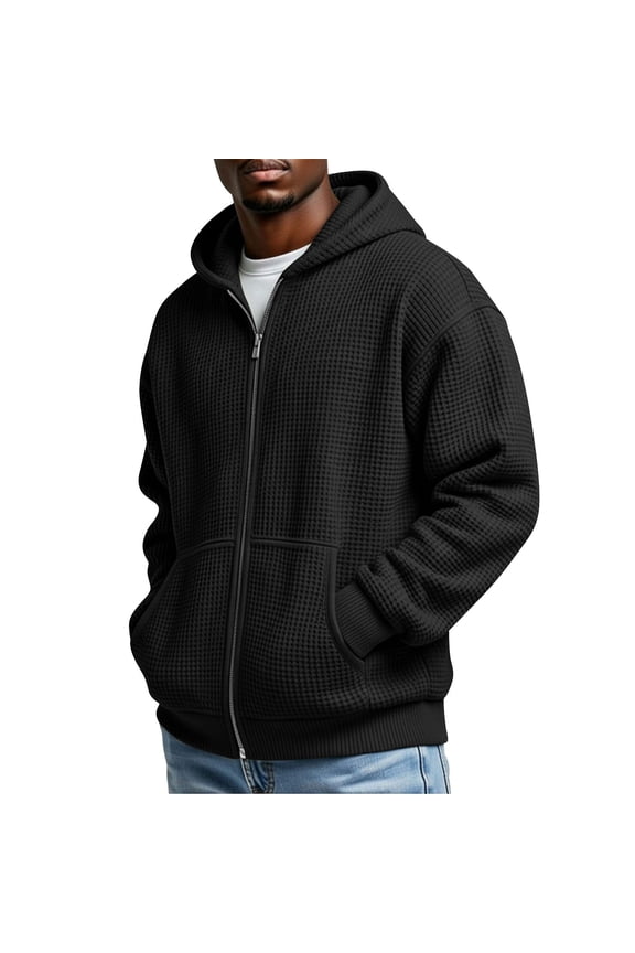 Men's Full Zip Up Hoodie Waffle Knit Jackets with Pockets Long Sleeve Outerwear Solid Casual Sweashirts Coat (S, Black)