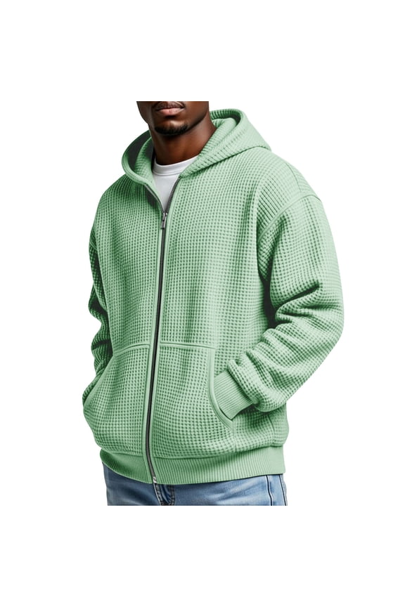 Men's Full Zip Up Hoodie Waffle Knit Jackets with Pockets Long Sleeve Outerwear Solid Casual Sweashirts Coat (S, Green)