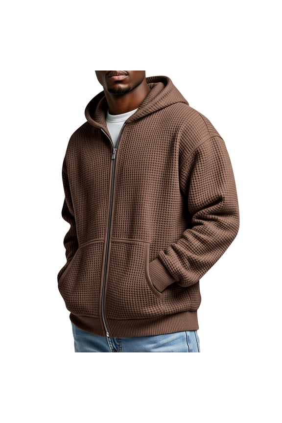 Men's Full Zip Up Hoodie Waffle Knit Jackets with Pockets Long Sleeve Outerwear Solid Casual Sweashirts Coat (XL, Brown)