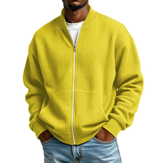 Men's Full Zip Waffle Knit Jacket Stand Collar Casual Cardigan Sweatshirts Soft Waffle Knit Full Zip Stand Collar Cardigan Top Sweatshirt
