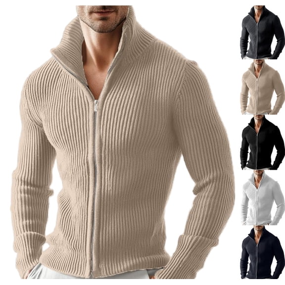 Men's Full Zipper Cardigan Casual Stand Collar Cardigan Sweater Ribbed Knit Long Sleeve Sweater,Khaki L