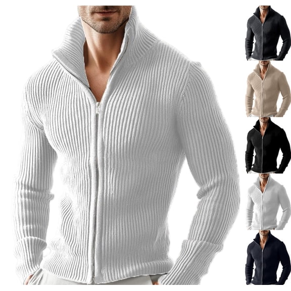 Men's Full Zipper Cardigan Casual Stand Collar Cardigan Sweater Ribbed Knit Long Sleeve Sweater,White M
