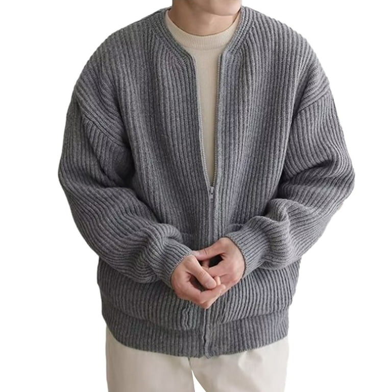 Men's Full Zipper Cardigan Sweater Solid Color Knitted Sweaters