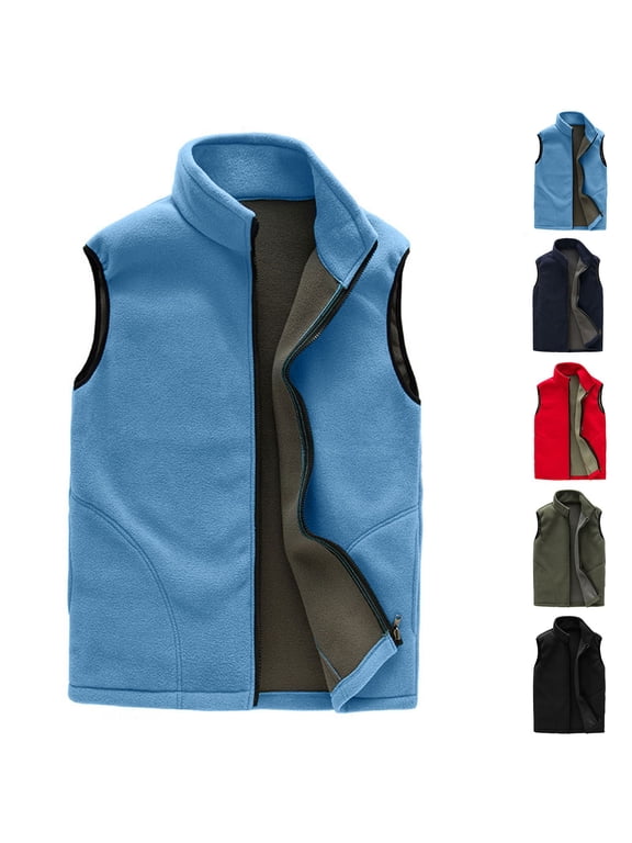 Men's Full Zipper Fleece Vests Warm Lightweight Sleeveless Outerwear Solid Color Sports Fuzzy Waistcoats