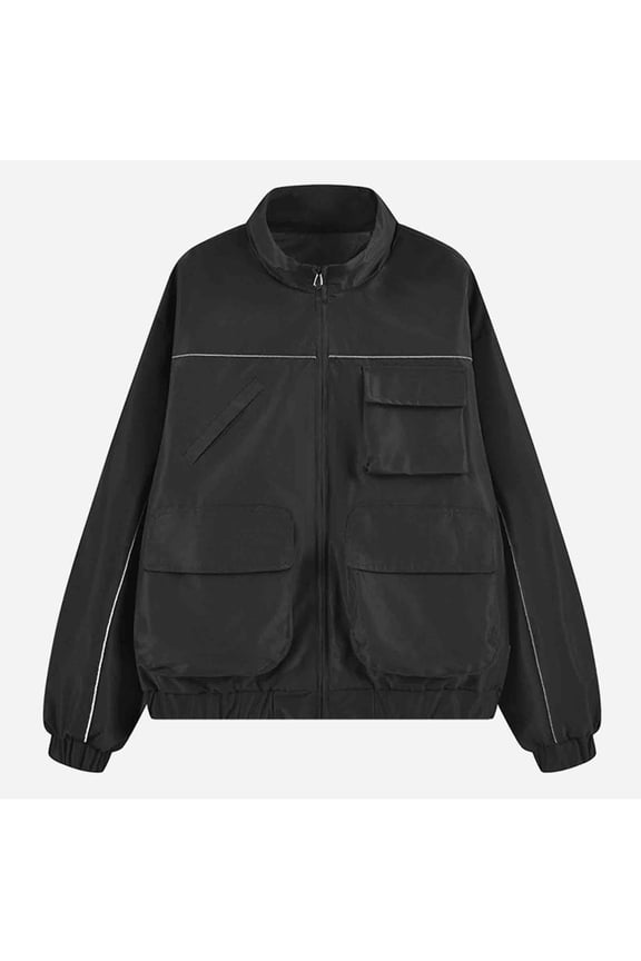 Men's Full-zip Cargo Jackets with Fluorescent Reflective Detailing Long Sleeve Casual Multi Pockets Fall Coat (2XL, Black)