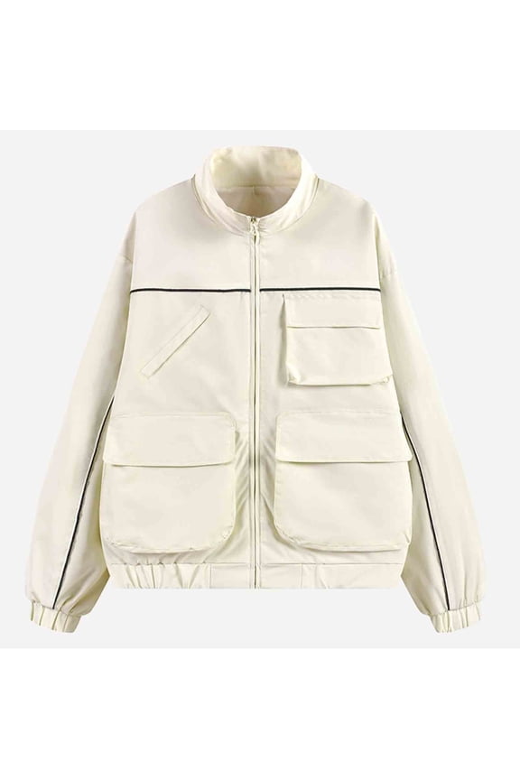 Men's Full-zip Cargo Jackets with Fluorescent Reflective Detailing Long Sleeve Casual Multi Pockets Fall Coat (L, Beige)